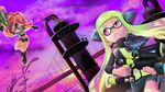  dutch_angle fangs glowing glowing_eye gun hero_shot_(splatoon) hina_ko ink inkling jumping multiple_girls ocean octoshot_(splatoon) open_mouth splatoon_(series) splatoon_1 squidbeak_splatoon sunset takozonesu tentacle_hair weapon 