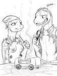  anthro breasts burnt_clothes clothed clothing eyewear female glo-in-the-dark goggles grin half-dressed lizard male reptile scalie screwdriver tools topless 