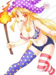  american_flag_bikini american_flag_legwear bare_arms bare_shoulders bikini blonde_hair breasts cleavage clownpiece collarbone fairy_wings flag_print hat jester_cap large_breasts long_hair midriff mono_(moiky) navel open_mouth red_eyes short_shorts shorts smile solo striped striped_legwear swimsuit thighhighs torch touhou very_long_hair wings 