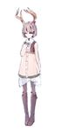  antlers asgr black_legwear boots brown_hair buttons coat dress flower hand_on_own_chest highres horn_flower horn_ornament horns knee_boots long_sleeves looking_down original pantyhose pom_pom_(clothes) reindeer_antlers see-through short_hair simple_background solo thigh_boots thighhighs white_background 