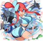  :d \o/ arched_back arms_up ass blue_eyes crop_top flower fuuro_(pokemon) gen_5_pokemon gloves gym_leader hair_between_eyes hair_ornament long_hair long_sleeves looking_at_viewer one_side_up open_mouth outstretched_arms petals plant pokemon pokemon_(creature) pokemon_(game) pokemon_bw red_hair saitou_naoki short_shorts shorts smile swanna swoobat twisted_torso 