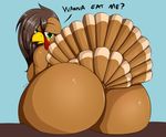  2015 anthro avian beak big_butt bird blue_background breasts brown_hair butt dialogue english_text female green_eyes hair half-closed_eyes hi_res holidays huge_butt looking_at_viewer nude simple_background sitting solo suirano text thanksgiving turkey 