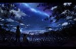  back bokuden cellphone cloud commentary_request glowing grass legs_apart letterboxed milky_way mountain multiple_girls night night_sky original outdoors pants pants_under_skirt phone short_hair short_twintails sitting skirt sky standing star_(sky) starry_sky summer tree twintails 
