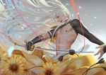  blurry chromatic_aberration depth_of_field flower gloves katana kogitsunemaru long_hair male_focus nipples open_mouth partly_fingerless_gloves penguin_frontier shirtless solo sword touken_ranbu very_long_hair weapon white_hair 