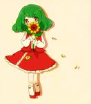  alternate_costume ascot crying crying_with_eyes_open flower full_body green_hair head_tilt holding holding_flower kazami_yuuka lelut long_sleeves petals red_eyes red_footwear red_skirt red_vest shoes short_hair simple_background skirt socks solo standing sunflower tears touhou vest younger 