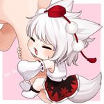  animal_ears chibi closed_eyes dated detached_sleeves finger_hug giant_hand gotoh510 hat highres inubashiri_momiji minigirl on_finger open_mouth ribbon-trimmed_sleeves ribbon_trim short_hair silver_hair skirt solo tail tokin_hat touhou wolf_ears wolf_tail 