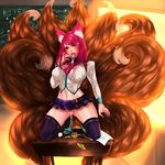  after_sex ahri animal_humanoid canine claws clothing cum cum_in_mouth cum_in_pussy cum_inside female fox fox_humanoid hair humanoid kneeling league_of_legends legwear long_hair mammal multiple_tails pink_hair school_uniform skirt solo steffydoodles stockings uniform video_games 