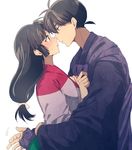  1girl black_hair blush couple hetero hug imminent_kiss inuyasha japanese_clothes kesa kouyou_(12953910) long_hair low-tied_long_hair miroku_(inuyasha) sango 