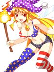  american_flag_bikini american_flag_legwear bare_arms bare_shoulders bikini blonde_hair breasts cleavage clownpiece collarbone fairy_wings flag_print hat highres jester_cap large_breasts long_hair midriff mono_(moiky) navel open_mouth red_eyes short_shorts shorts smile solo striped striped_legwear swimsuit thighhighs torch touhou very_long_hair wings 