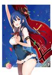  adapted_costume alternate_costume arm_up blue_hair blush cleavage_cutout confetti food fruit hat hat_ribbon hinanawi_tenshi jpeg_artifacts long_hair looking_at_viewer open_mouth peach puffy_sleeves red_eyes ribbon short_sleeves sky smile solo tetsurou_(fe+) touhou underbust 