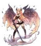  armor ass_visible_through_thighs bare_shoulders beads belt black_feathers black_wings blonde_hair boots choker corset dark_angel_olivia expressionless full_body gauntlets granblue_fantasy highres horns jewelry long_hair long_sword multicolored multicolored_wings red_eyes shingeki_no_bahamut solo standing sword thigh_boots thighhighs untsue very_long_hair weapon wings yellow_wings zettai_ryouiki 
