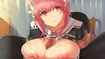  absurdres armband ass bad_id bad_pixiv_id breasts censored eyebrows_visible_through_hair heart highres hilt large_breasts looking_up lying mosaic_censoring natsu_no_shoka nipples out_of_frame paizuri penis pink_eyes pink_hair shiny shiny_skin smile solo_focus 