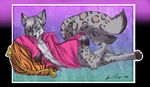  2012 2_tails anthro black_fur black_hair bottomless brown_fur brown_hair butt clothed clothing ear_piercing feline fur grey_fur grey_hair hair half-dressed hand_on_butt leopard looking_at_viewer male mammal multiple_tails navel pawpads paws piercing pillow pose purple_eyes shirt smile snow_leopard solo spots touchofsnow 