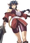  animal_ears bare_shoulders blue_eyes blue_hair braid breasts breasts_apart cat_ears collar gauntlets karura_(utawareru_mono) kyabakurabakufu large_breasts lion_ears lion_tail long_hair metal_collar shorts single_braid solo sword tail utawareru_mono weapon 