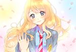  blonde_hair blue_eyes blush highres long_hair miyazono_kawori nerunnn out_of_frame petals pov pov_hands school_uniform shigatsu_wa_kimi_no_uso solo_focus 