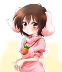  animal_ears blush brown_hair bunny_ears bunny_tail carrot_necklace dress hands_together inaba_tewi looking_at_viewer pout puffy_cheeks red_eyes short_hair shy solo tail touhou unya 