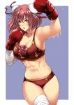  abs bandages blue_background boxing_gloves breasts bun_cover cleavage cowboy_shot double_bun flower hips ibaraki_kasen large_breasts looking_up motion_lines muscle open_mouth pink_eyes pink_hair punching short_hair short_shorts shorts solo sports_bra sweat thighs tobisawa touhou 