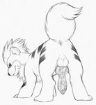  2015 animal_genitalia anus balls butt canine canine_penis erection feral growlithe knot looking_at_viewer looking_back male mammal monochrome nintendo pencil_(artwork) penis pok&eacute;mon raised_tail simple_background smile solo traditional_media_(artwork) video_games white_background yaroul 