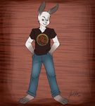  2012 anthro barefoot brown_fur buckteeth claws clothed clothing english_text fur green_eyes hair lagomorph looking_at_viewer male mammal open_mouth pants red_background shirt simple_background smile solo teeth text toe_claws touchofsnow white_fur white_hair 