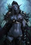  21yc_(september_breeze) armor arrow artist_name bikini_armor blue_skin contrapposto elf facial_mark gloves glowing glowing_eyes highres jewelry lipstick makeup muscle necklace pointy_ears red_eyes shoulder_armor solo spaulders standing sylvanas_windrunner thighhighs warcraft world_of_warcraft 