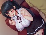  1girl black_hair black_legwear breasts chobipero closed_eyes commentary_request couch hair_ribbon large_breasts long_hair open_mouth original ribbon saliva sitting skirt sleeveless smile solo_focus thighhighs two_side_up 