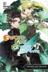  1girl artist_name avec black_eyes black_hair blonde_hair breasts cleavage cover cover_page green_eyes highres holding holding_sword holding_weapon kirito kirito_(sao-alo) leafa long_hair medium_breasts novel_cover official_art open_mouth ponytail sword sword_art_online weapon 