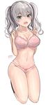  :o artist_name bare_arms black_legwear blue_eyes blush bra breasts cleavage collarbone haruto_(harut_n) kantai_collection kashima_(kantai_collection) kneehighs kneeling large_breasts lingerie looking_at_viewer navel open_mouth panties pink_bra pink_panties short_hair silver_hair simple_background solo stomach sweat sweatdrop two_side_up underwear underwear_only white_background 