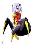  arachne blush carapace cosplay covering covering_crotch extra_eyes highres insect_girl lavender_hair lolinera marvel monster_girl monster_musume_no_iru_nichijou pink_eyes rachnera_arachnera s-now signature simple_background smile solo spider-woman spider-woman_(cosplay) spider_girl white_background younger 