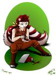  2012 anthro bandanna cilke_akaelae clothed clothing female fur grease_stains green_eyes hair mammal red_fur red_hair simple_background sitting skunk solo the_cyantian_chronicles tiffany_ross tongue tongue_out white_fur 