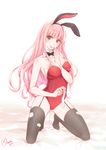  :d absurdres animal_ears between_breasts black_legwear bow bowtie breasts brown_eyes bunny_ears bunnysuit cameltoe cleavage condom cum cumdrip detached_collar fake_animal_ears garter_straps hand_between_breasts highres kneeling large_breasts long_hair misaki_krokodi nail_polish open_mouth original pink_hair red_nails smile solo teeth thighhighs tongue tongue_out torn_clothes torn_legwear used_condom 