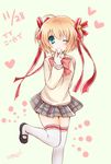  blonde_hair green_eyes hair_ribbon highres kamikita_komari little_busters! miyoshi_yun one_eye_closed ribbon school_uniform short_hair solo thighhighs twintails 