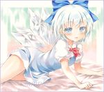  blue_dress blue_eyes blue_hair blush border cirno colored_pencil_(medium) dress hair_ornament hair_ribbon ice ice_wings looking_at_viewer marker_(medium) open_mouth potto puffy_sleeves ribbon sample short_hair short_sleeves smile solo touhou traditional_media wings 