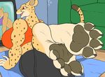 2015 4_toes anthro big_breasts breasts cheetah clothing feline female fitness foot_focus mammal mat shirt solo tank_top television toes zp92 