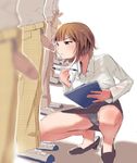  borusen brown_eyes brown_hair censored clipboard commentary inspecting miniskirt no_socks original out_of_frame panties pantyshot pantyshot_(squatting) pen penis school_uniform shoes short_hair skirt smelling smelling_penis solo_focus squatting teacher underwear upskirt uwabaki 