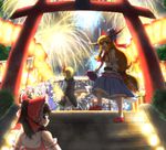  6+girls alternate_costume bird_wings blonde_hair blue_hair brown_hair cirno festival fireworks fish food food_stand frilled_skirt frills fujiwara_no_mokou goldfish hair_ribbon hakurei_reimu highres ibuki_suika kamishirasawa_keine kirisame_marisa konpaku_youmu lantern long_hair looking_at_viewer morichika_rinnosuke multiple_girls mystia_lorelei okamisty orange_hair outstretched_arms paper_lantern pink_hair ribbon rumia saigyouji_yuyuko shirt short_hair skewer skirt spread_arms stairs tat_rous torii touhou vest white_hair wings yakumo_yukari 