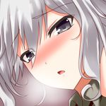  :o ayasato_karen bangs blush breath close-up eyebrows_visible_through_hair eyelashes eyes_visible_through_hair face hair_between_eyes kantai_collection kashima_(kantai_collection) long_hair looking_at_viewer nose_blush open_mouth purple_eyes silver_hair solo upper_body wing_collar 