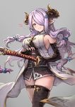  belt black_gloves black_legwear blue_eyes braid breasts demon_horns draph elbow_gloves fingerless_gloves gloves granblue_fantasy hair_ornament hair_over_one_eye haoni heart holding holding_sword holding_weapon horns jpeg_artifacts large_breasts lavender_hair long_hair looking_at_viewer mismatched_gloves narmaya_(granblue_fantasy) pointy_ears sheath sheathed sideboob single_thighhigh smile solo sword thick_thighs thigh_strap thighhighs thighs weapon 