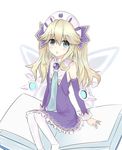  blonde_hair blue_eyes blush book hair_ornament hat histoire long_hair looking_at_viewer neptune_(series) open_mouth rafu_(surukusya) solo thighhighs twintails wings 