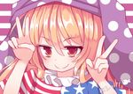  american_flag american_flag_dress artist_name bags_under_eyes beni_shake blonde_hair clownpiece double_v frilled_shirt_collar frills hat jester_cap long_hair neck_ruff polka_dot red_eyes simple_background smile solo striped striped_background touhou v 
