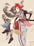  absurdres ainu_clothes bird cloud colored_smoke crossed_legs dated highres red_hair saki senseofexistenc shishihara_sawaya solo 