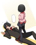  1boy 1girl araragi_koyomi black_hair black_legwear couple hammer_(sunset_beach) hetero highres implied_pantyshot juliet_sleeves long_sleeves lying monogatari_(series) on_ground oshino_ougi pants pantyhose puffy_sleeves school_uniform shirt short_hair skirt sleeves_past_wrists standing 