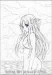  artist_name ass asuna_(sao) bikini_top black_border border bottomless breasts cloud covered_nipples finger_to_mouth graphite_(medium) greyscale grid huge_breasts long_hair looking_at_viewer monochrome nightmare77zx pointy_ears sideboob solo sword_art_online traditional_media underboob water 