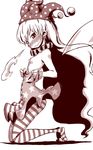  american_flag_dress american_flag_legwear breasts clownpiece fairy_wings hat highres jester_cap long_hair monochrome nipples pantyhose small_breasts smile smirk solo sonson_(eleven) striped striped_legwear touhou very_long_hair wings 