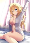  ;o ahoge artist_name atago_(kantai_collection) bed_sheet blonde_hair blue_eyes blush bottomless breasts chestnut_mouth cleavage collarbone commentary curtains feet_out_of_frame hair_between_breasts highres kantai_collection knees_together_feet_apart large_breasts long_hair looking_at_viewer mimelex navel on_bed one_eye_closed open_clothes open_shirt parted_lips pov shirt signature sitting solo stomach stretch tears watermark web_address 