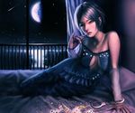  balcony bangs blue_hair card cuffs hajime_(elan787) handcuffs hayami_kanade highres hotel_moonside hotel_room idolmaster idolmaster_cinderella_girls key looking_at_viewer moon parted_bangs poker realistic short_hair sky solo yellow_eyes 