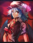  ascot bad_id bad_pixiv_id bat_wings blue_hair brooch dress face hat highres hizagawa_rau jewelry looking_at_viewer mob_cap pink_dress puffy_short_sleeves puffy_sleeves red_eyes remilia_scarlet short_sleeves sketch solo touhou upper_body wings 
