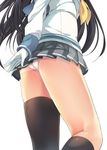  ass asymmetrical_legwear black_hair black_legwear from_behind from_below gloves grey_skirt isokaze_(kantai_collection) kantai_collection kneehighs kneepits long_hair long_sleeves lower_body neckerchief nironiro panties pleated_skirt school_uniform serafuku shirt simple_background skirt solo standing thighhighs underwear very_long_hair white_background white_gloves white_panties white_shirt 