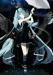  absurdres bad_id bad_pixiv_id bare_shoulders black_dress black_wings blue_eyes blue_hair blue_nails bug butterfly dress floating_hair full_body glycan hair_between_eyes hair_ornament hatsune_miku highres insect long_hair low_wings nail_polish pale_skin rain ribbon sandals sleeveless sleeveless_dress smile solo twintails umbrella very_long_hair vocaloid water white_ribbon white_umbrella wings 