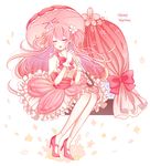  absurdres bobble cherry_blossom_cookie cherry_blossoms closed_eyes cookie_run flower gloves hair_flower hair_ornament highres long_hair parasol personification petals pink_hair pink_skirt pink_umbrella skirt solo two_side_up umbrella white_gloves 