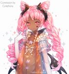  bug butterfly character_request cymphonia dark_skin double_bun drill_hair elbow_gloves facial_mark flat_chest gloves heart horns insect long_hair looking_at_viewer low_wings open_clothes pink_eyes pink_hair smile solo sparkle twintails white_gloves wings 